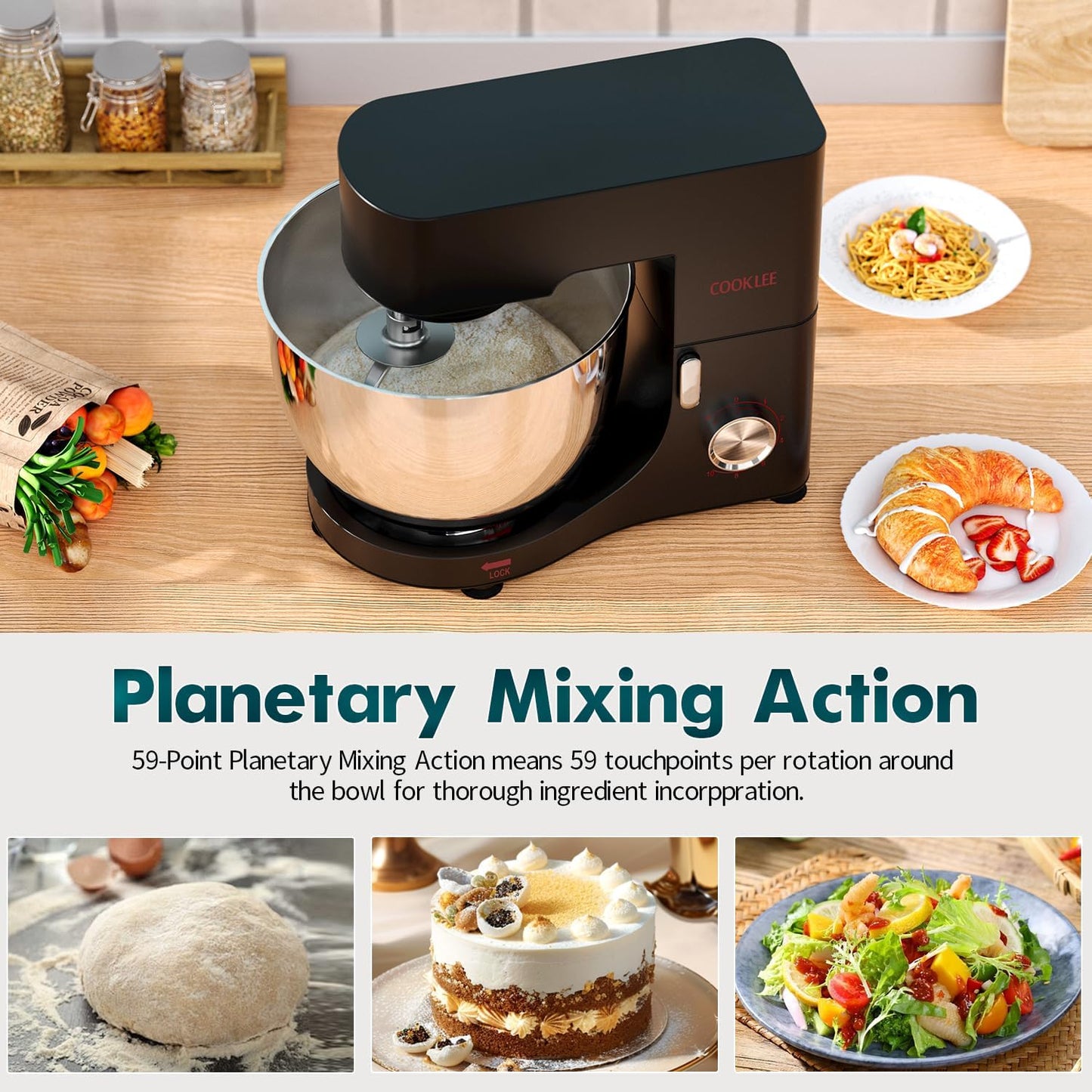 COOKLEE Stand Mixer, 9.5 Qt. 660W 10-Speed Electric Kitchen Mixer with Dishwasher-Safe Dough Hooks, Flat Beaters, Wire Whip & Pouring Shield Attachments for Most Home Cooks, Black