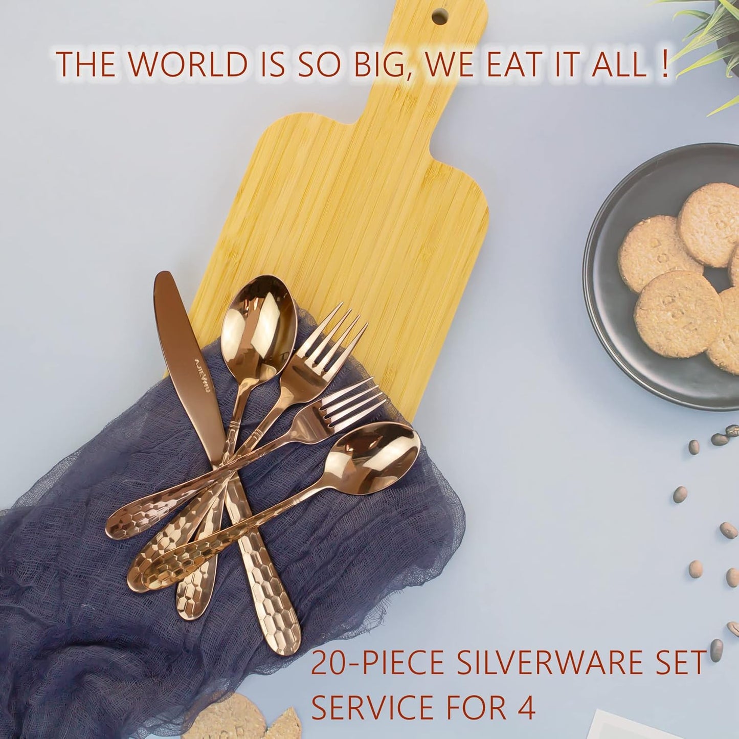 Hammered Silverware Set 20-Piece, 18/10 Stainless Steel Flatware Cutlery Silverware Set Service for 4, Unique Design Knife Fork Spoon Silverware Set, Mirror Polished,Dishwasher Safe (Rose Gold)