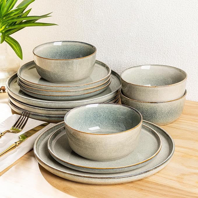 AmorArc Stoneware Dinnerware Sets for 4,Round Reactive Glaze Ceramics Plates and Bowls Set,Highly Scratch Resistant Dishware | Dishwasher & Microwave Safe Dishes Set,Service for 4 (12pc)