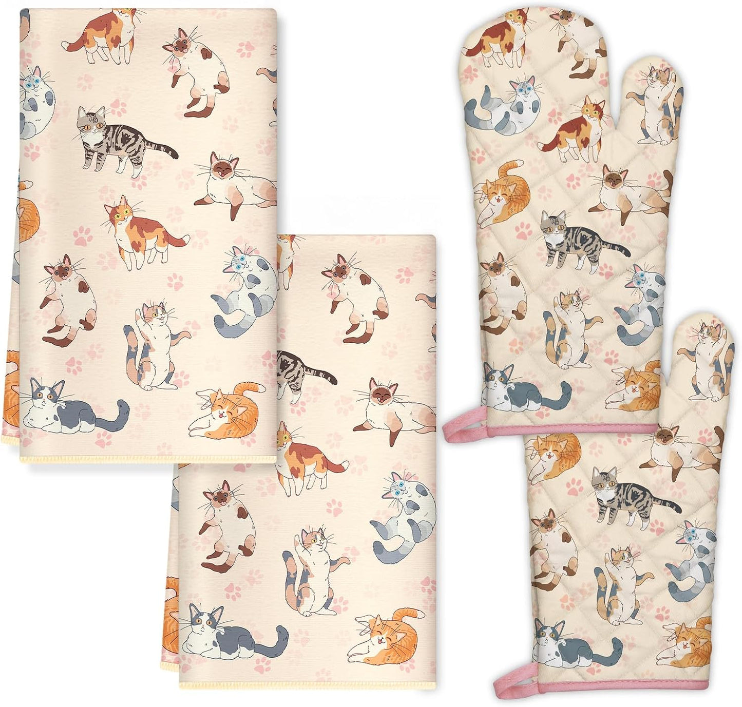 Cute Cat Kitchen Towels and Oven Mitts Set 4Pcs, Soft Absorbent Dish Cloth Heat Resistant Oven Gloves for Cooking Baking Kitchen Decoration, Gifts for Her