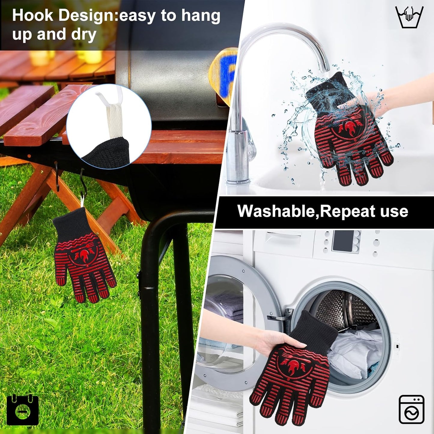 BBQ Gloves, 1472°F Extreme Heat Resistant Grill Gloves, Non-Slip Food Grade Silicone Oven Mitts Gloves for Kitchen, Cooking, Barbecue, Baking, Smoker Red (11inch)