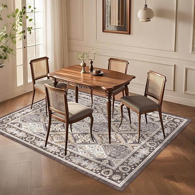 Area Rug for Living Room - Vintage Indoor Machine Washable Rug for Bedroom Dinning Room Floor - Soft Low-Pile Carpet Non-Slip Backing Floral Rugs for Office (Reddish Brown, 6' × 9')