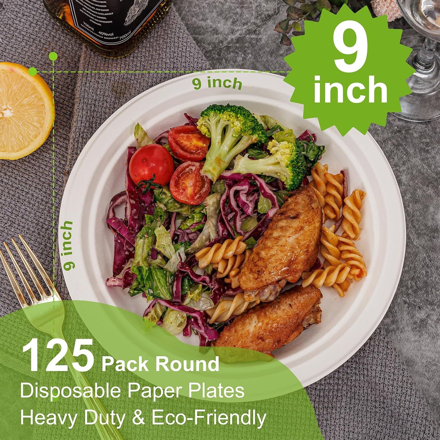 WELLIFE 100% Compostable Paper Plates 9 Inch, 125-Pack Heavy Duty Paper Plates Bulk,Biodegradable Bagasse,Eco-Friendly Disposable Dinner Plate for BBQ,Picnic,Party (BPI Certified,Microwaveable)