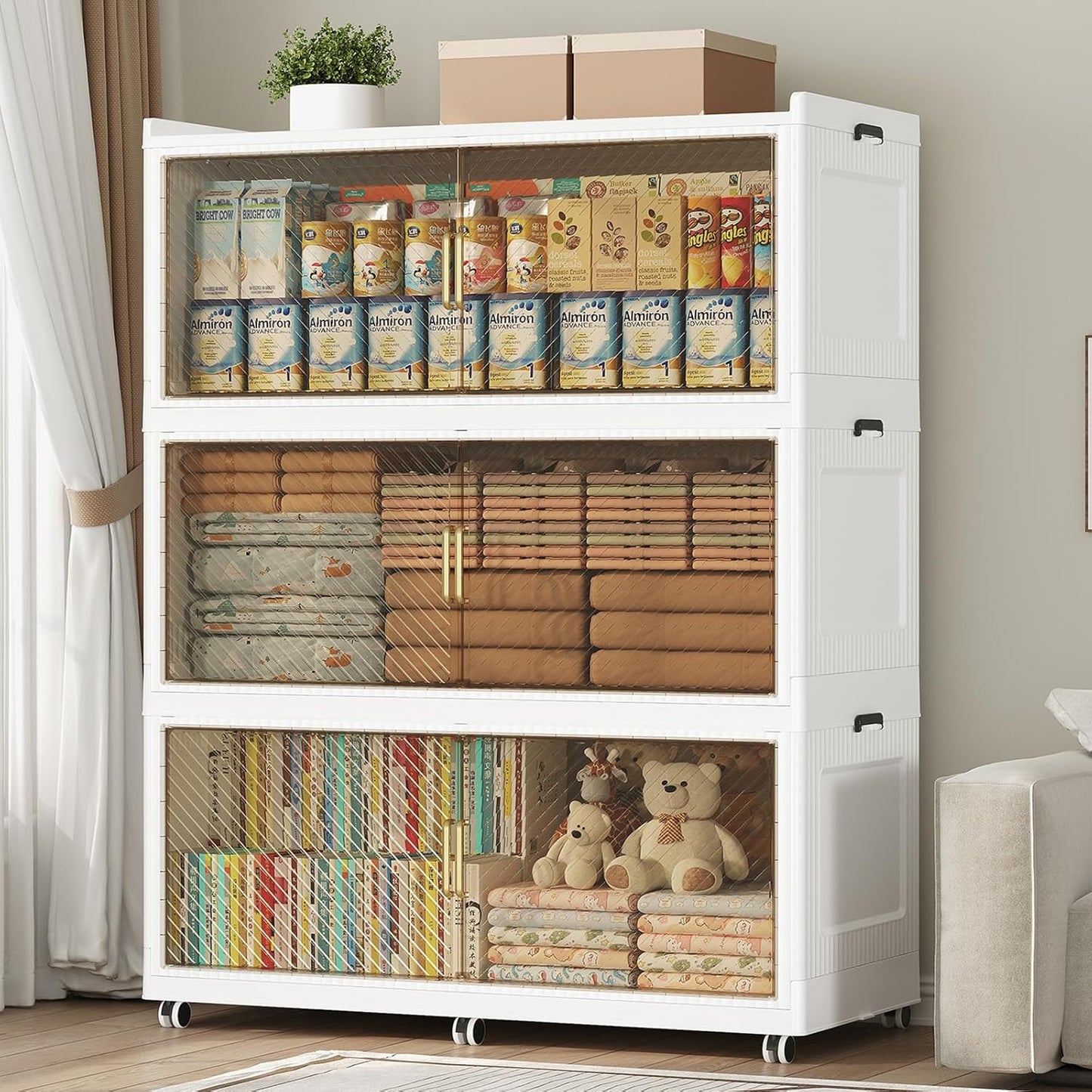 150 Gallon Extra Large Collapsible Storage Bin with Lid, 600QT Stackable Plastic Organizer with 6x Wheels, Foldable Drawer Cabinet for Closet, Living Room Office Dorm 3Pack, White