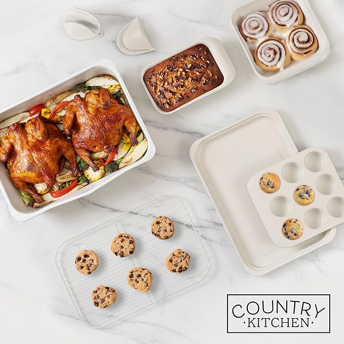 Country Kitchen Nonstick Stackable Bakeware Set - Deluxe Heavy Duty, Durable, Easy Release Baking Set, 8 Pcs, Cream