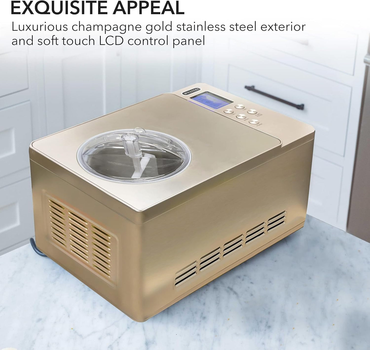 Whynter Ice Cream Maker Machine & Yogurt Automatic 2 Qt. with Built-in Compressor, LCD Digital Display & Timer, No Pre-Freezing, ICM-220CGY, Champagne Gold