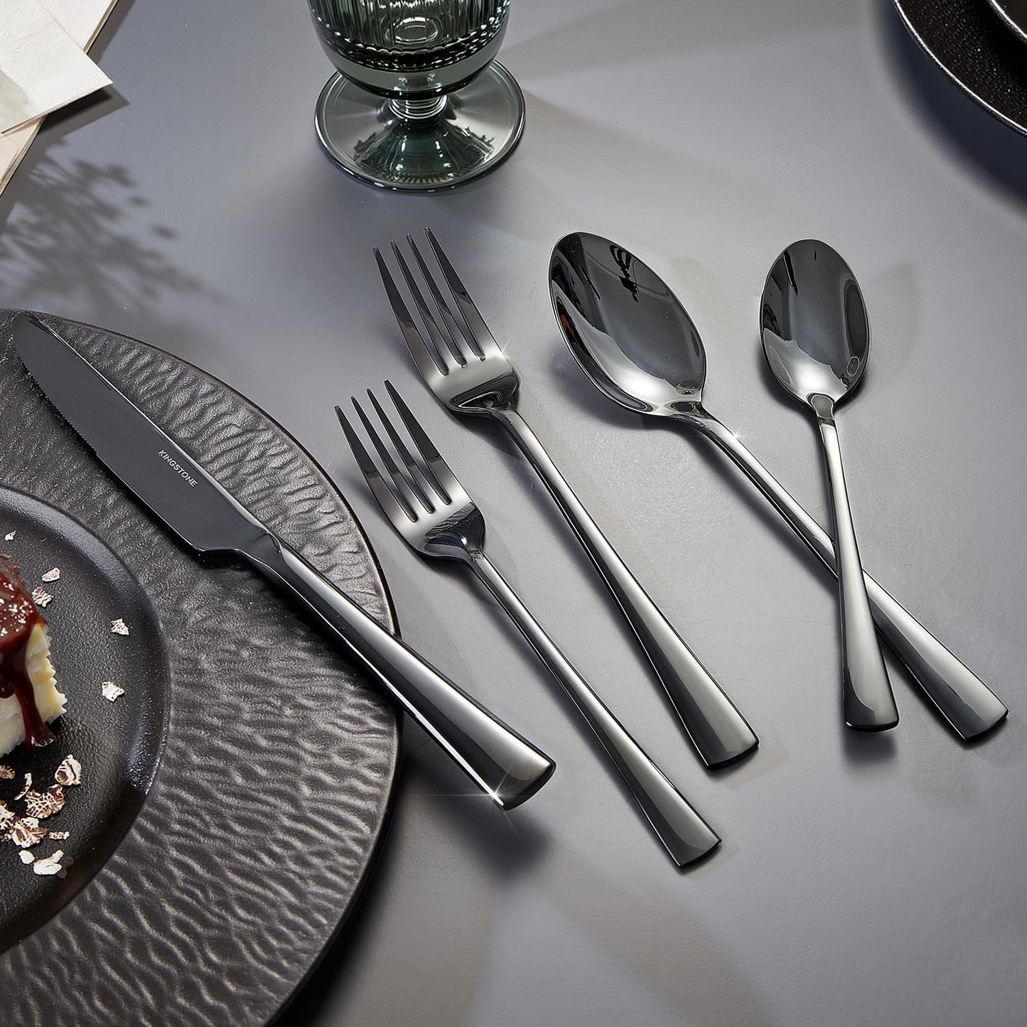 KINGSTONE 18/10 Stainless Steel Flatware, 20-Piece Forged Silverware Set for 4, Mirror Polished Cutlery Set Dishwaher Safe for Home, Restaurant, Wedding, Party, Black