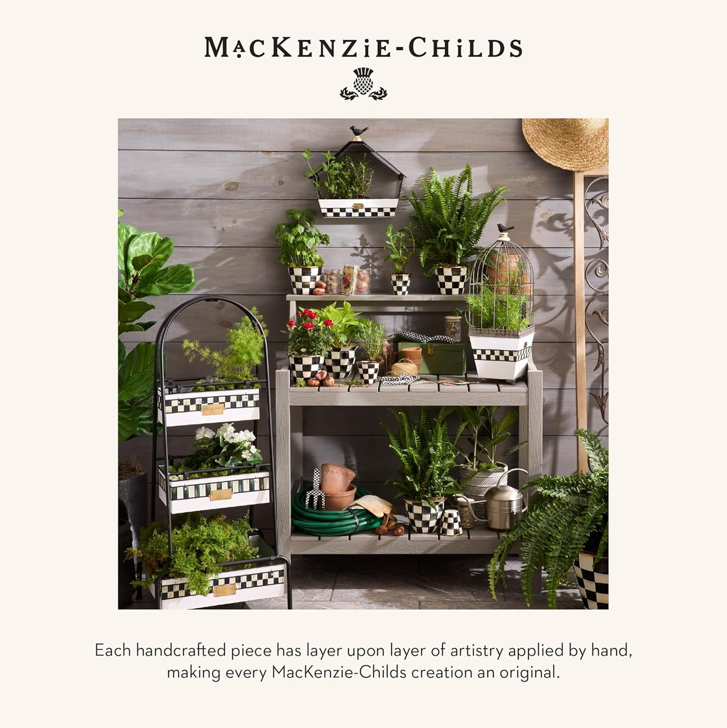 MACKENZIE-CHILDS Enamel Herb Pots, Small Plant Pots for Herbs or Flowers, Set of 3, Black-and-White Courtly Check