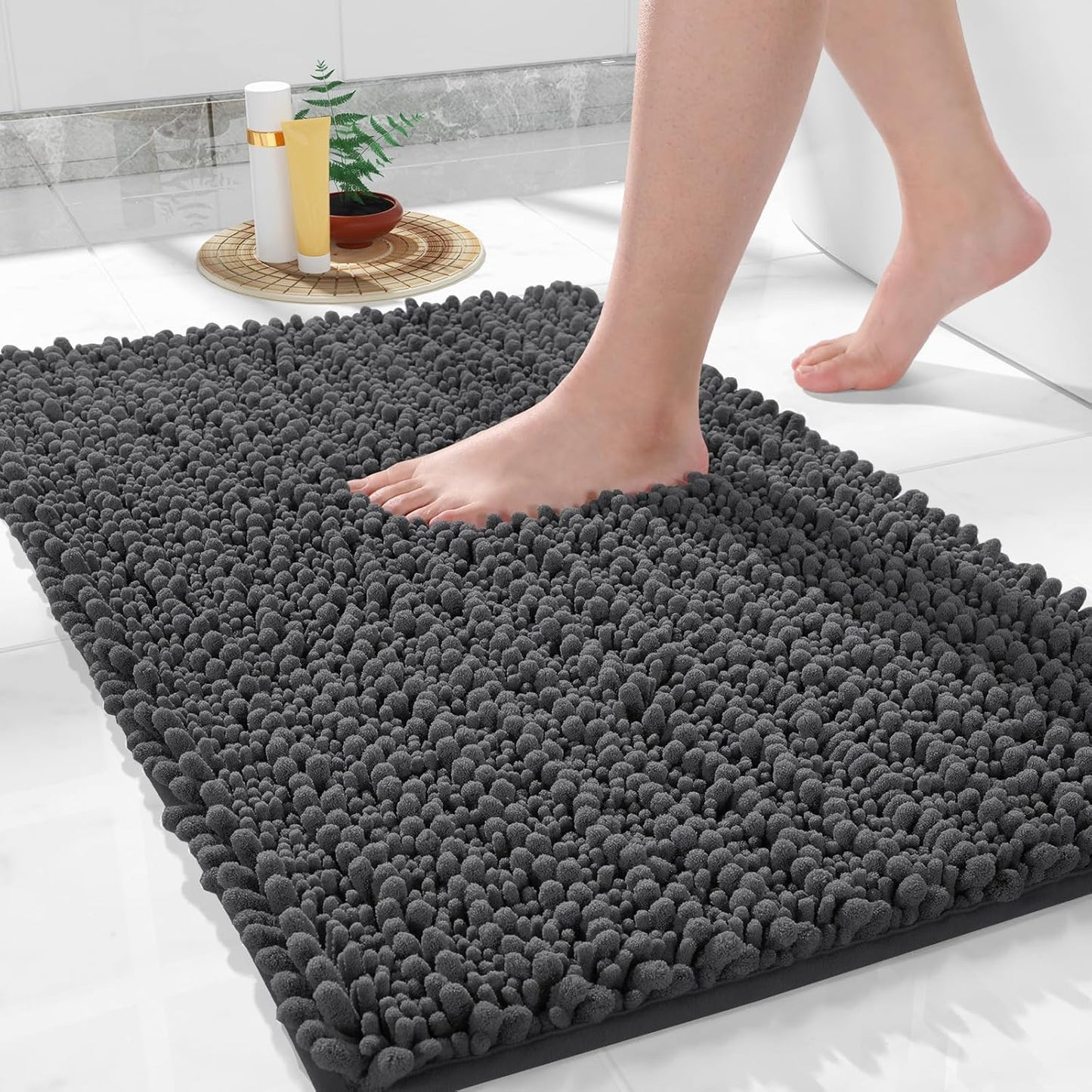 Yimobra Large Bathroom Rugs Non Slip Washable 36x24 Inch - Ultra Soft Absorbent Chenille Bath Mat, Quick Dry Shaggy Floor Carpet for Tub Shower, Dark Gray Home Decor Accessories