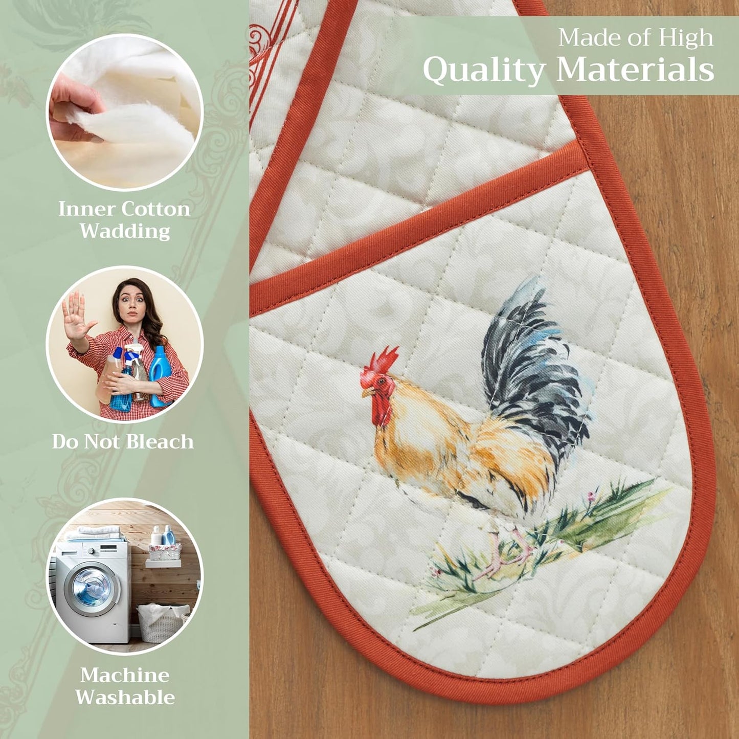 Maison d' Hermine Double Oven Mitts 100% Cotton 7"x35" Double Oven Mitt Heat Resistant BBQ Cooking Gloves with Loop, Baking, Grilling, Home, Kitchen, Handling Hot Pans Spring Summer (Campagne)