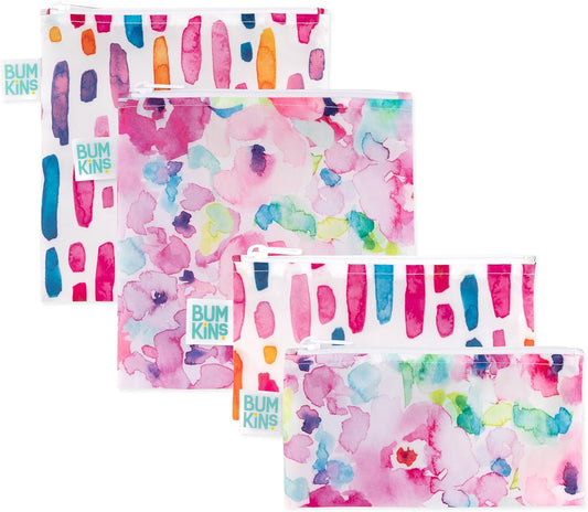 Bumkins - Cloth Snack & Sandwich Bags - For Storage, Travel, Food Prep, Lunch - Reusable, Water Resistant, Dishwasher Safe - Snack Bags for Kids - Zipper Closure - Watercolors & Brushstrokes - 4 Pack