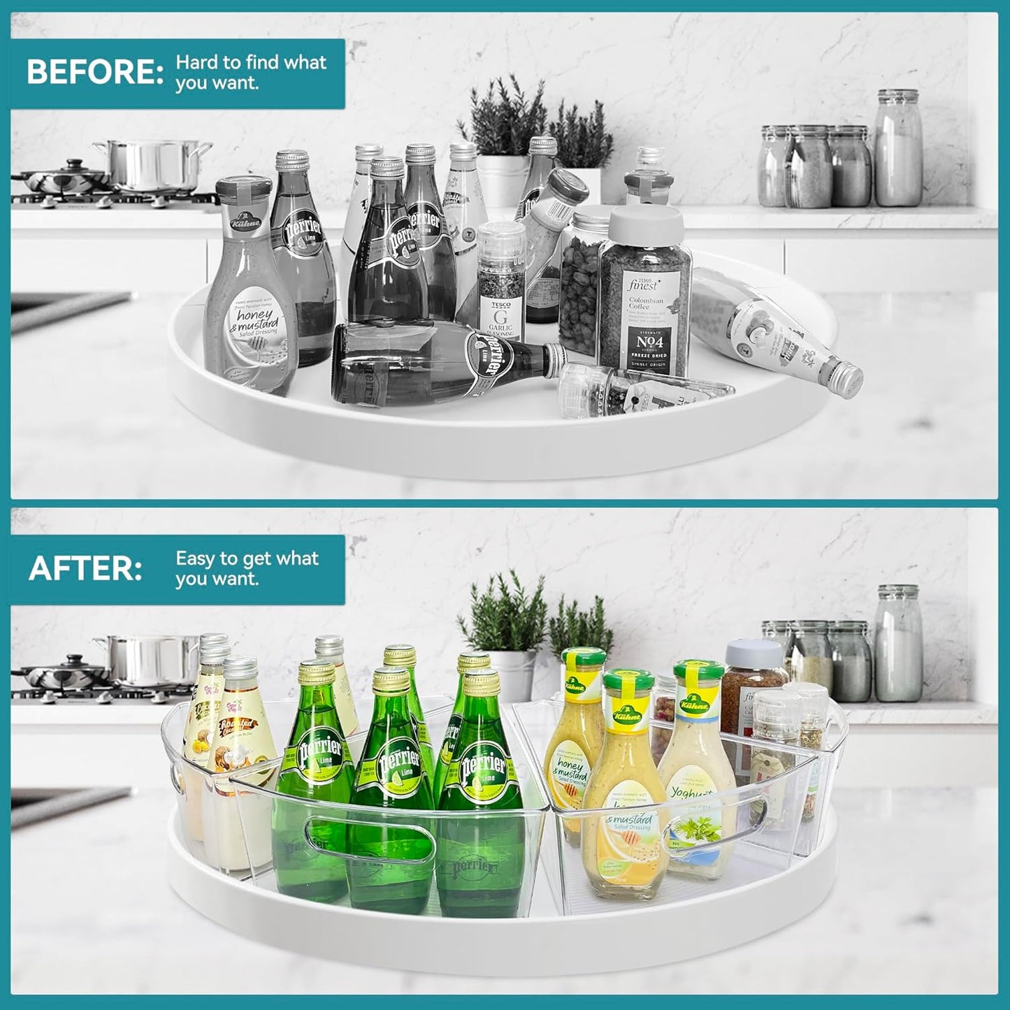 Oubonun Lazy Susan Organizers Set of 6, 11.6’’ x 10.2’’ x 4.1’' Plastic Transparent Kitchen Cabinet Storage Bins with Handle, 4.1" Deep Container, 1/8 Wedge - Food Safe, without BPA