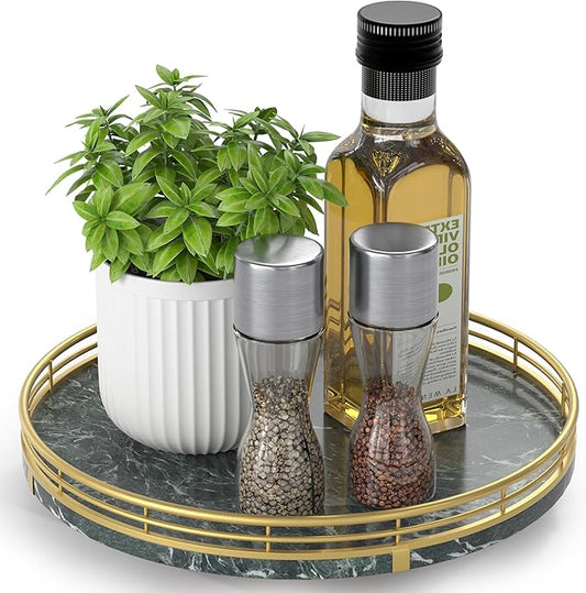 Green Marble Lazy Susan Turntable for Table Top – 10” Round Marble Tray Organizer for Dining Table, Kitchen Countertop & Bar, Luxury Stone Serving Tray with Gold Frame