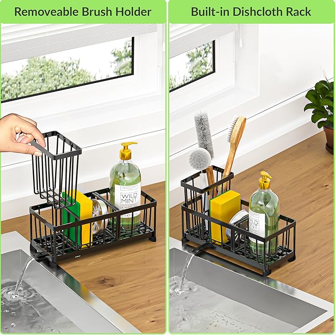 Black Sponge Holder for Kitchen Sink, Self-Draining Kitchen Sink Organizer with High Brush and Dishcloth Holder,304 Stainless Steel, Rustproof, Soap Caddy Dispenser for Countertop