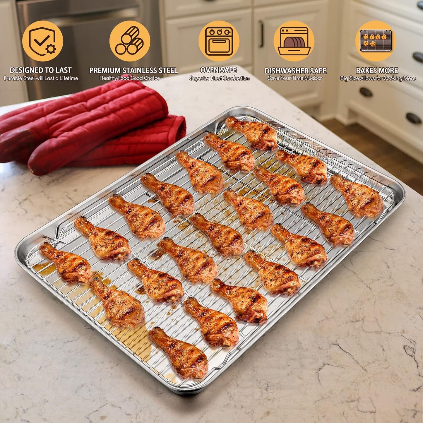 E-far Cookie Sheet with Rack Set, Half Sheet Baking Pan for Oven Cooking, 18”x13” Stainless Steel Rimmed Tray with Wire Cooling Rack for Roasting Broiling Bacon Meat Steak - Dishwasher Safe