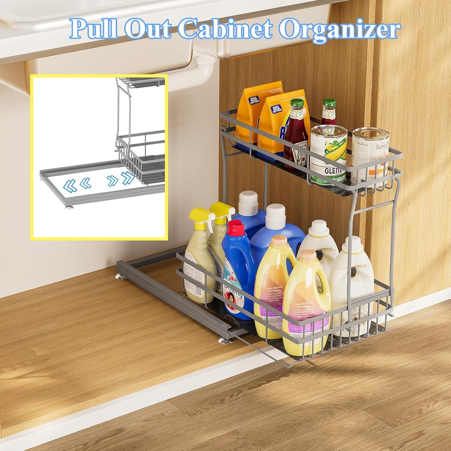 1 Pack Under Sink Organizers and Storage, 2 Tier Pull Out Cabinet Organizer, Metal Sliding Drawer Storage for Kitchen Bathroom，Gray