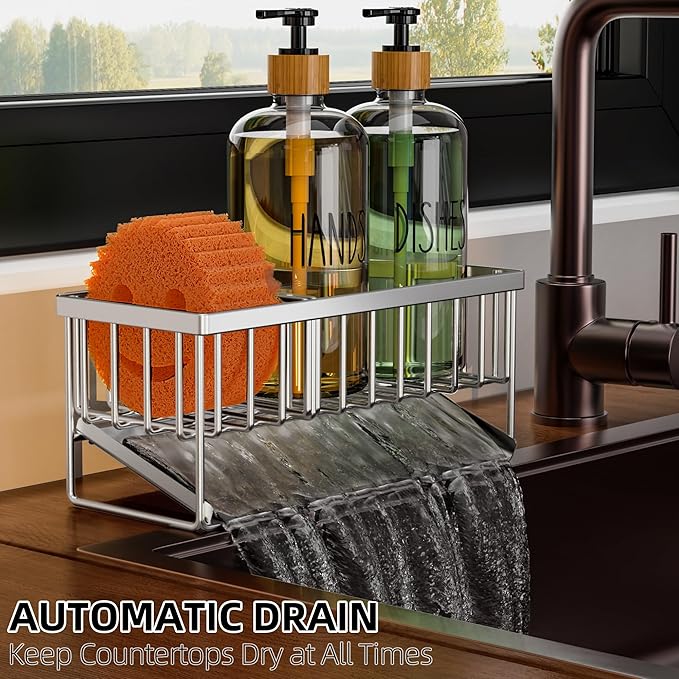 Cisily Kitchen Dish Soap Dispenser Set Stainless Steel Sponge Holder and 2 Pack 16.9oz Clear Glass, Dish Soap Dispensers, Vintage Hand and Dish Soap Dispensers Set, Dispensador De Jabon De Cocina