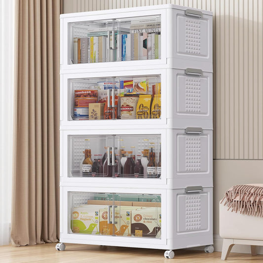 55" H 116Gal Plastic Storage Bins with Lid & Wheels,4Pack Large Stackable Storage Bins with Doors,Closet Organizers and Storage Cabinet Shelves Collapsible Box for Home Kitchen,White