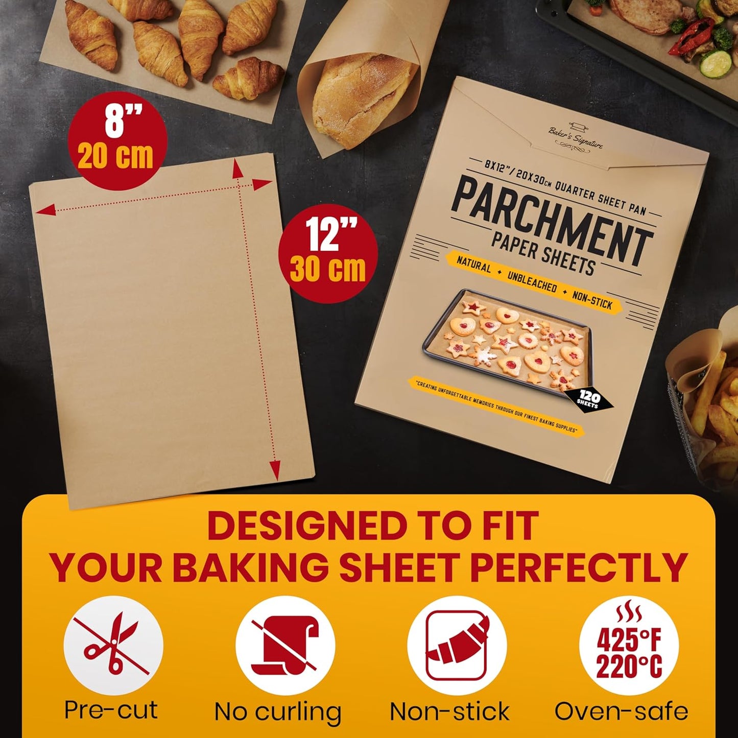 Quarter Sheet Pans 8x12 Inch Pack of 120 Parchment Paper Baking Sheets by Baker’s Signature | Precut Silicone Coated & Unbleached – Will Not Curl or Burn – Non-Toxic & Comes in Convenient Packaging