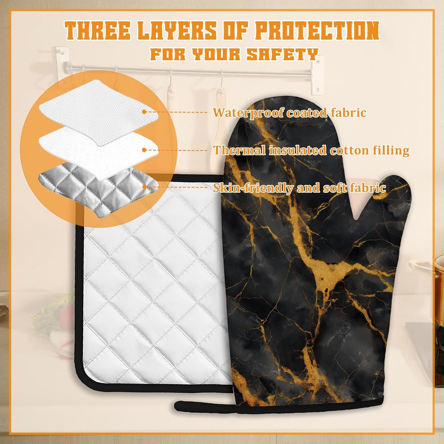 Marble Oven Mitts and Pot Holders Set,Black Gold Marble Kitchen Decor Heat Resistant Non Slip Hot Pads and Oven Mitt for Chef Cooking Baking BBQ Mom Girl Gifts(4 Piece Set)