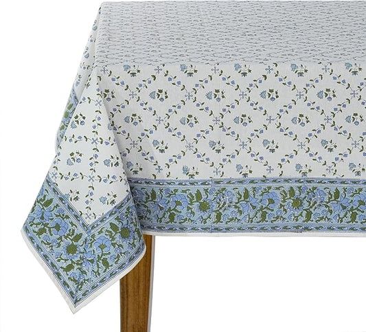 Ridhi Powder Blue Hand Block Print Cotton Rectangle Tablecloth 108 x 70 inches Reusable Table Cover Decorative Everyday Use for Dining Room, Farmhouse, Home, Party, Festive & Wedding, Fall