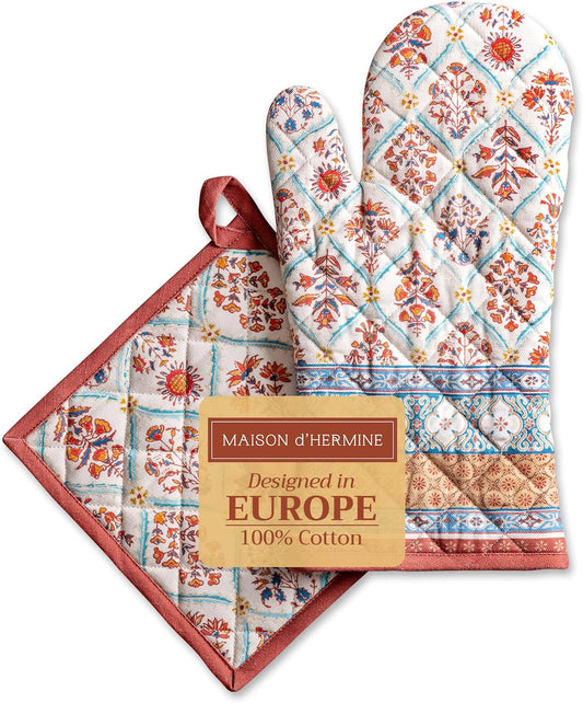 Maison d' Hermine 100% Cotton Oven Mitt & Pot Holder Set (7.5"x13" & 8"x8") Heat Resistant BBQ Cooking Gloves with Loop, Baking, Grilling, Kitchen, Handling Hot Pans (Romane)