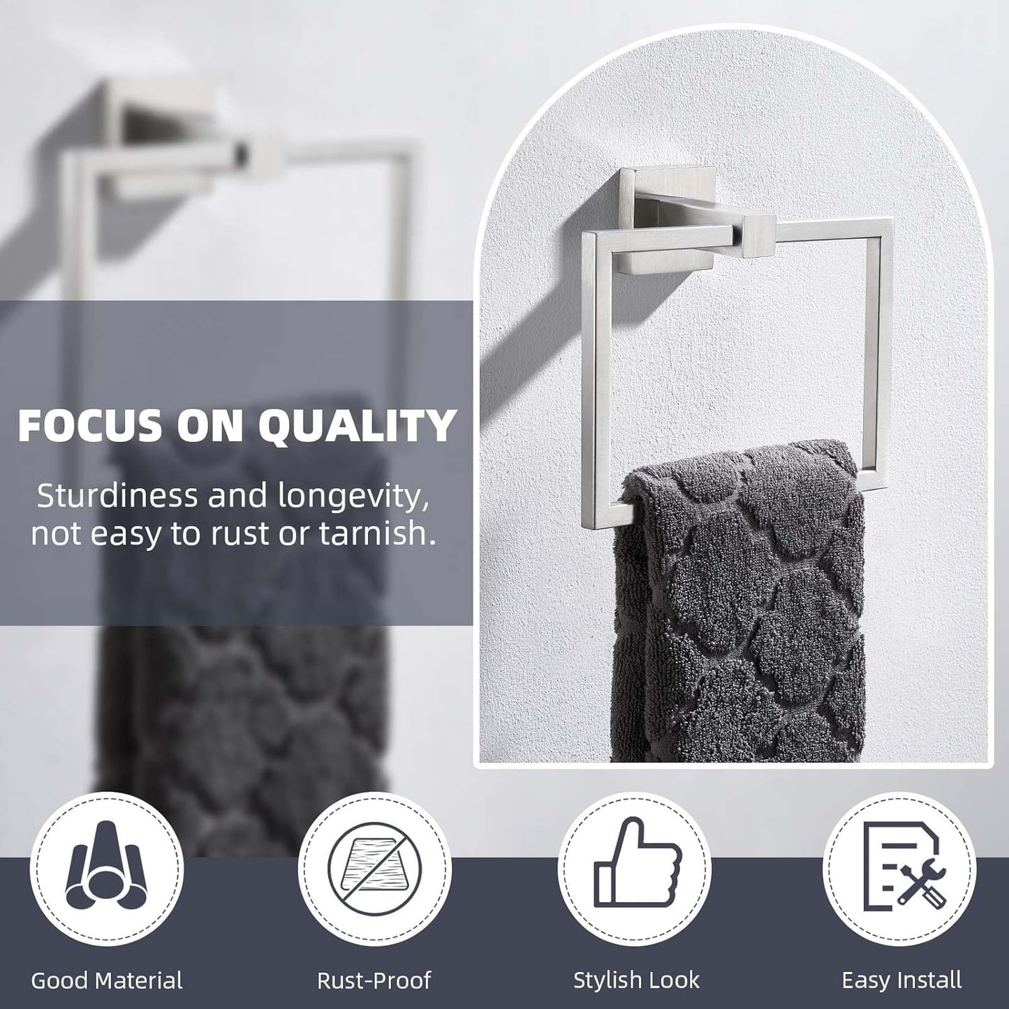 Suyar Brushed Nickel Towel Ring, SUS 304 Stainless Steel Modern Bathroom Hand Towel Holder for Wall