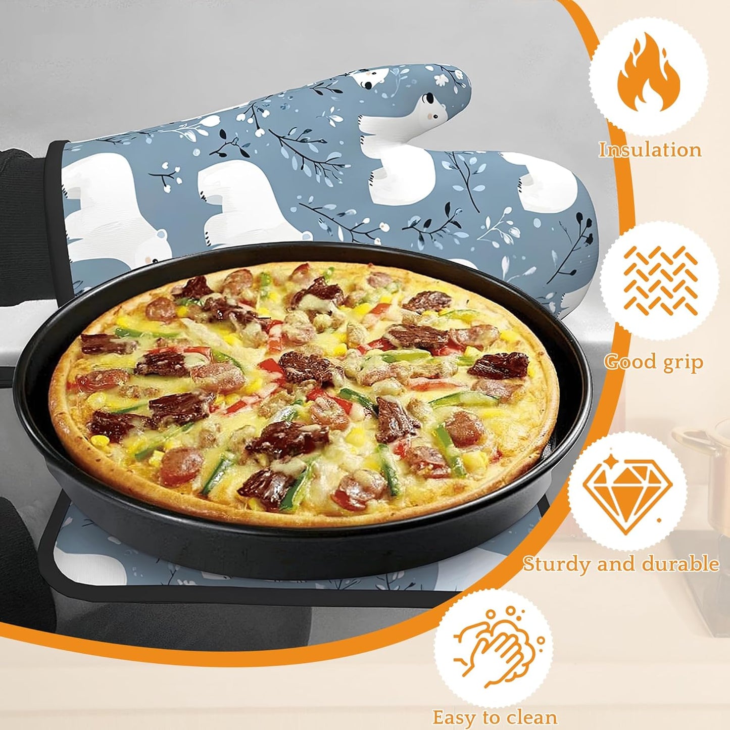 Cute Polar Bear Oven Mitts and Pot Holders,Winter Heat Resistant Oven Mitts Gloves and Pot Holder for Home Kitchen Decorations Cooking Baking BBQ Gifts,Set of 4