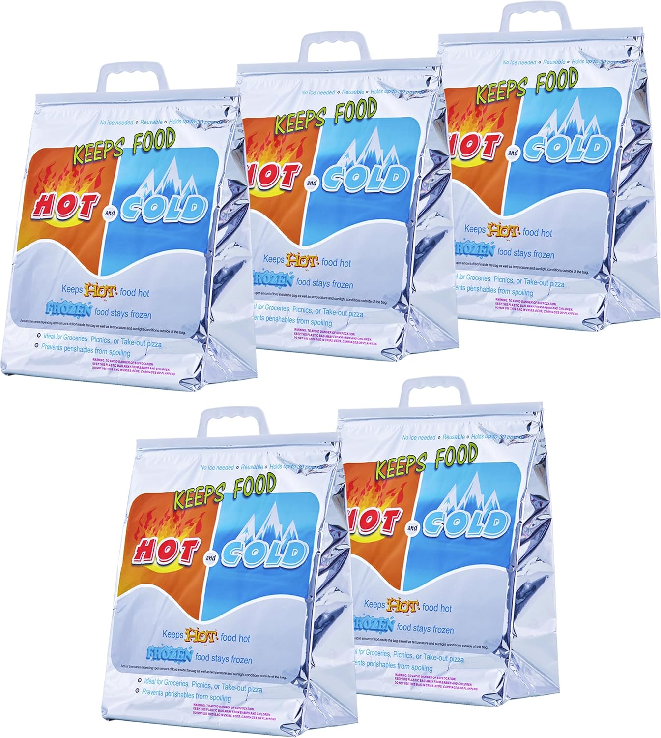 Superio Hot and Cold Insulated Bags for Food Delivery, Grocery Shopping Bags, Food Storage for Hot and Frozen Food for Travel, Disposable Cooler Bag, Reinforced Thermal Lunch Bag (5, 13"x7"x15.5")