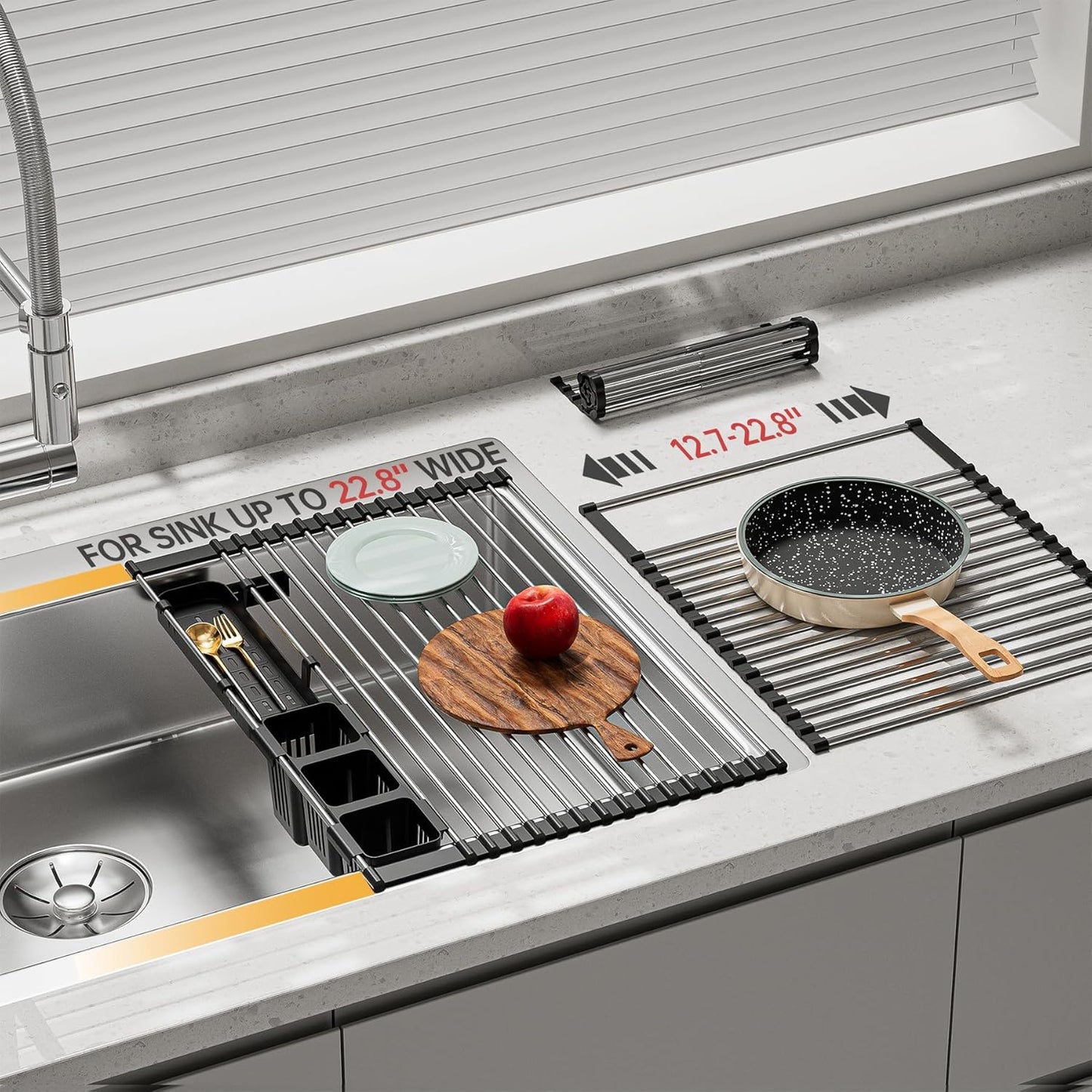 Expandable Over Sink Dish Drying Rack, Large Roll Up Dish Drying Rack with 2 Storage Baskets, Rolling Drain Mats for Kitchen Sink Counter, BPA-Free(12-22 * 15.3'', Black)