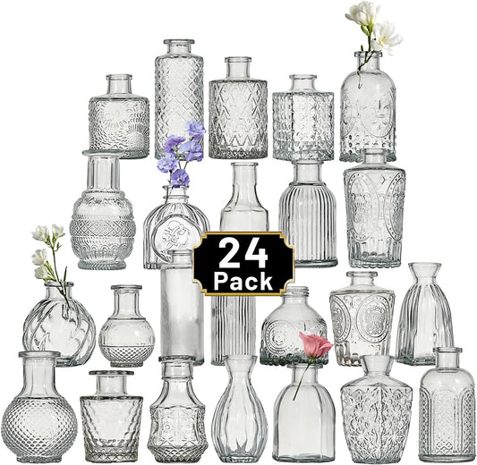 Glass Bud Vase Set of 24 Pcs Small Minimalist Vases for Flowers, Vintage Rustic Home Decor for Table Centerpiece Wedding Party, Modern Clear Aromatherapy Bottle for Living Room Bedroom