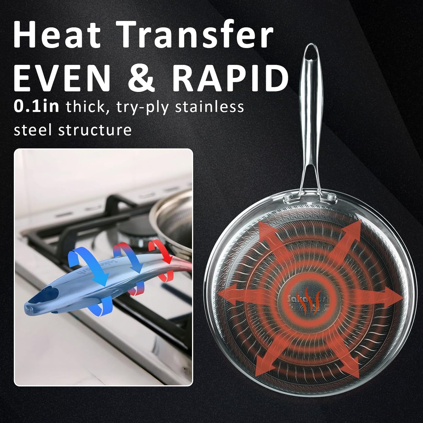 11" Non Stick Frying Pans, Hybrid Ceramic Stainless Steel Pan, Skillet with Stay-Cool Handle, Non Toxic, PFAS PFOA PTFE Free, Dishwasher & Oven Safe, Induction, Compatible with All Cooktops