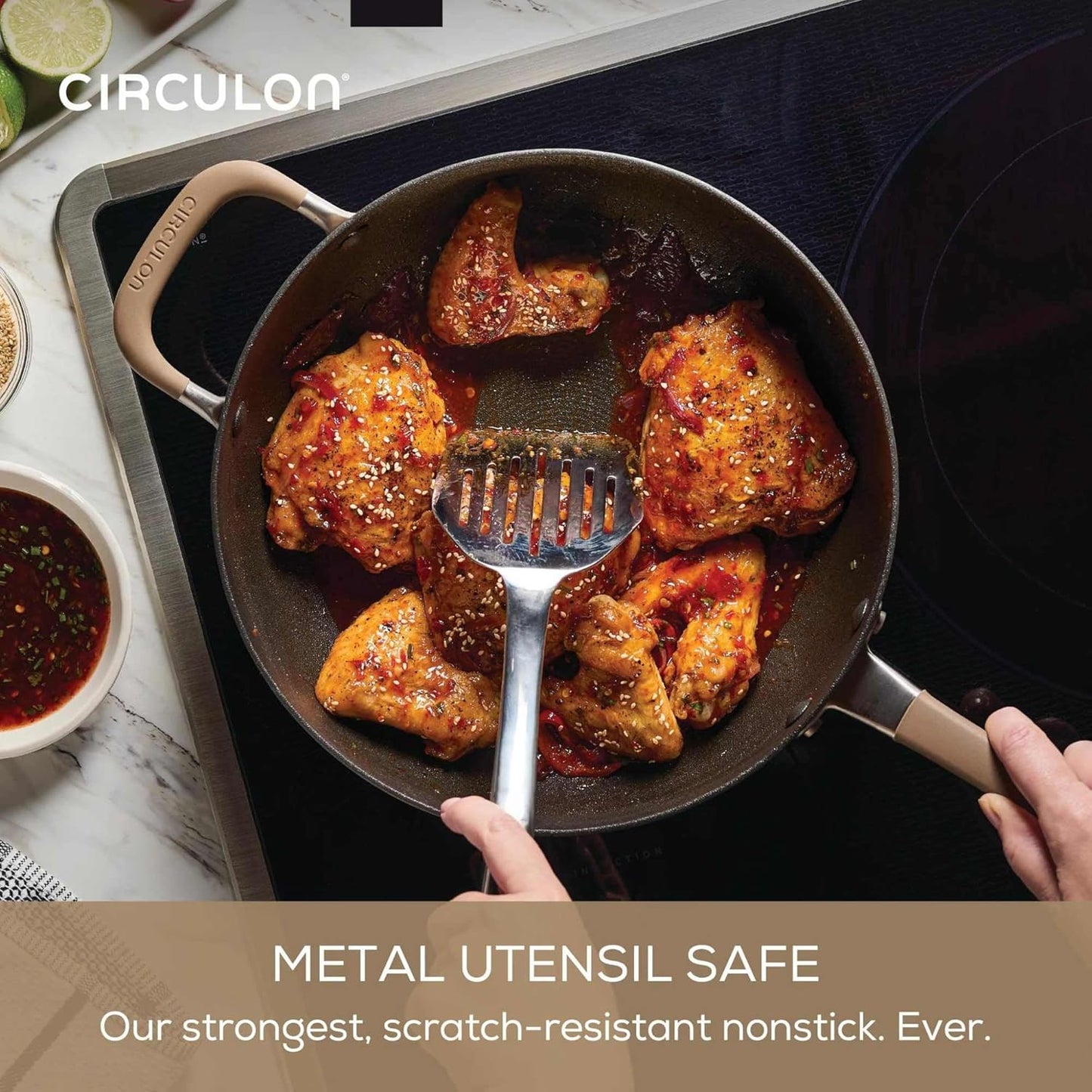 Circulon A1 Series with ScratchDefense Technology Nonstick Induction Pots and Pans, Metal Utensil Safe, Includes Splatter Guard, Slotted Turner and Silicone Trivets, 10 Piece Cookware Set - Champagne