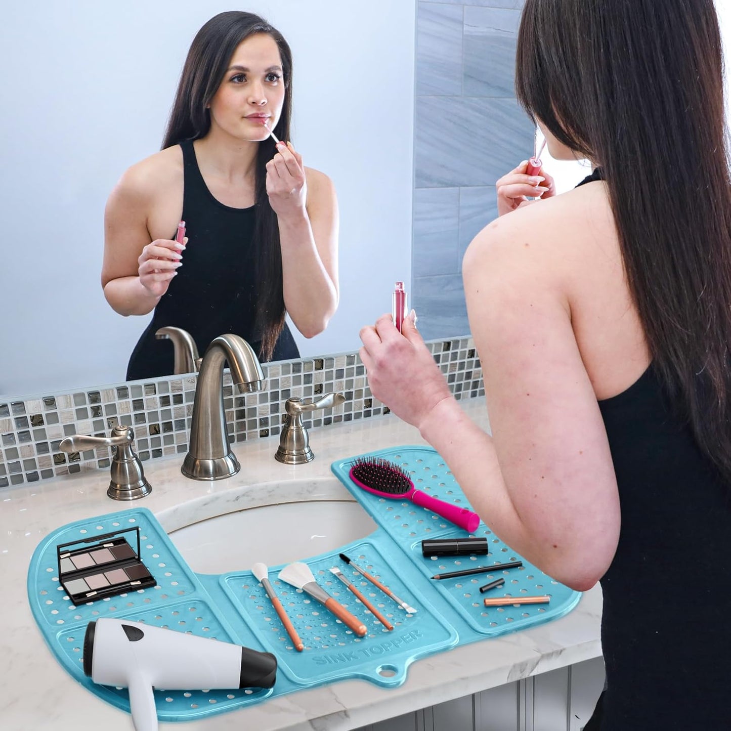 Sink Topper Bathroom Counter Cover & Storage Saver, Foldable Silicone Mat for Hot Tools, Hair Styling & Makeup, Beauty Brush Cleaning Mat, RV Camper Sink Cover & for Small Spaces (Large Pacific Blue)