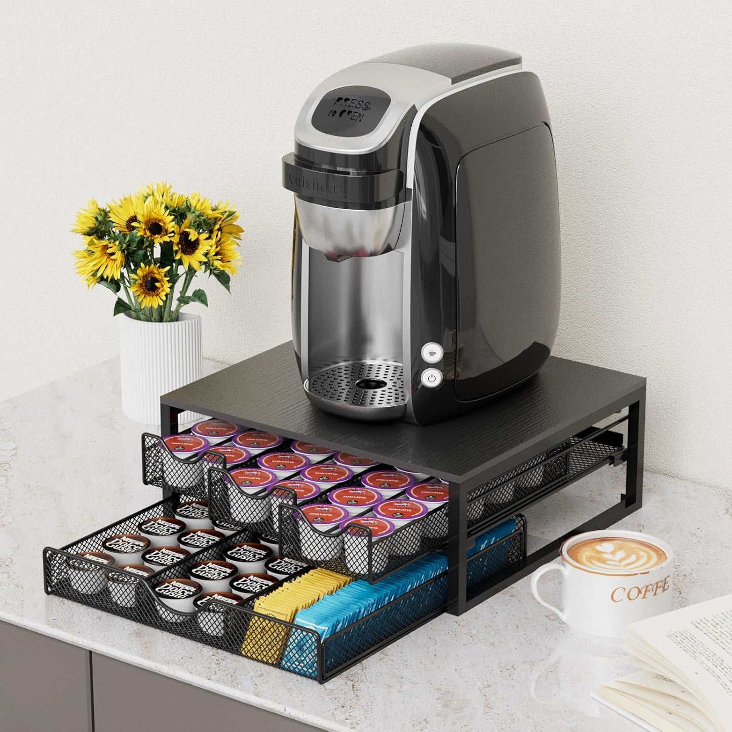 Coffee Pod Holder For Counter, 3 Pull-Out 72 K-Cup Holder Drawer, Wooden Cafe Pods Storage Organizer with Sliding Drawers for Coffee Station, Home, Kitchen, Office, Dorm, Black