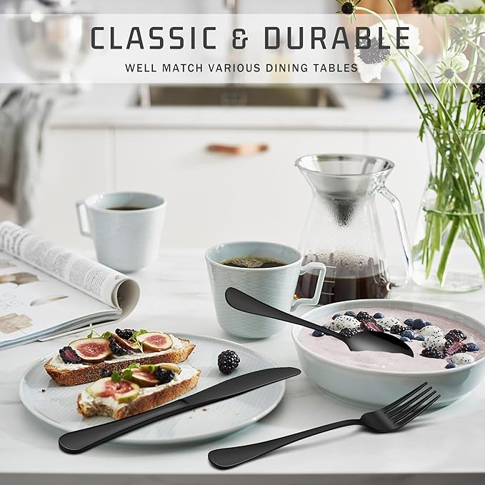 HaWare 48-Piece Black Silverware Set with Steak Knives, Stainless Steel Cutlery Set, Food Grade Flatware Set Service for 8, Mirror Finished Tableware for Home Restaurant, Include Knives, Forks, Spoons