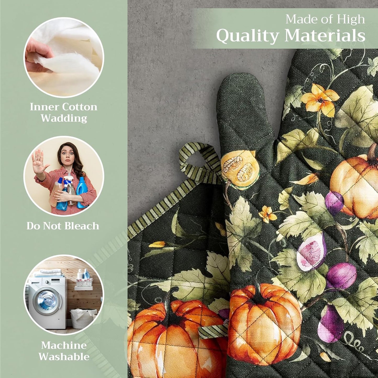 Maison d' Hermine 100% Cotton Oven Mitt & Pot Holder Set (7.5"x13" & 8"x8") Heat Resistant BBQ Cooking Gloves with Loop, Baking, Grilling, Kitchen, Handling Hot Pans (Pumpkin Garden - Dark Green)