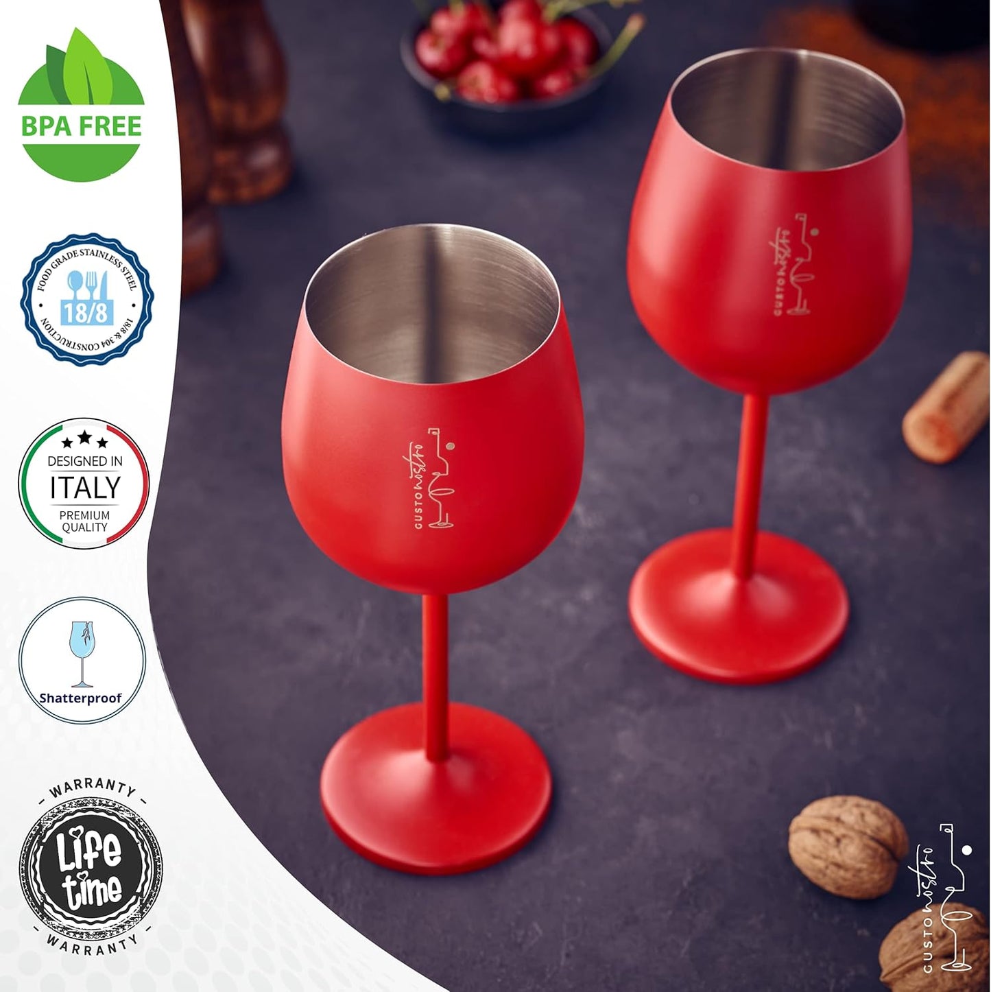 Gusto Nostro Stainless Steel Wine Glass - 18 oz - Unbreakable Colorful Wine Glasses for Travel, Camping and Pool - Fancy, Unique and Cool Portable Metal Wine Glass for Outdoor, Picnics (Set of 2)