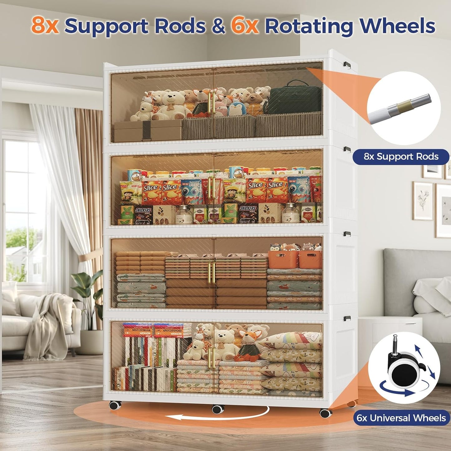 240GAL Extra Large Stackable Storage Bins with Lid, 960QT Plastic Storage Bins with 6x Wheels, Collapsible Closet Organizer and Storage Drawer Cabinet for Living Room Office Dorm, 3Pack White