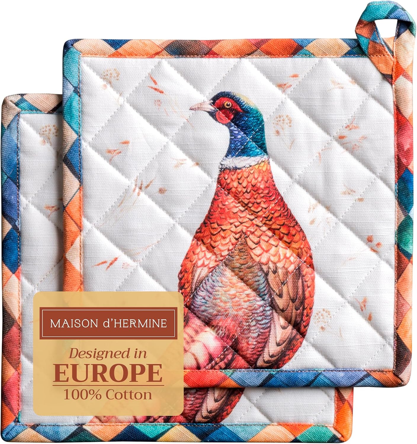 Maison d' Hermine Pot Holders Set 100% Cotton Heat Resistant Potholders 8" x 8" Hot Pads with Loop BBQ, Cooking, Baking, Grilling, Kitchen, Handling Hot Pans (Pack of 2, Faisan D'Automne)