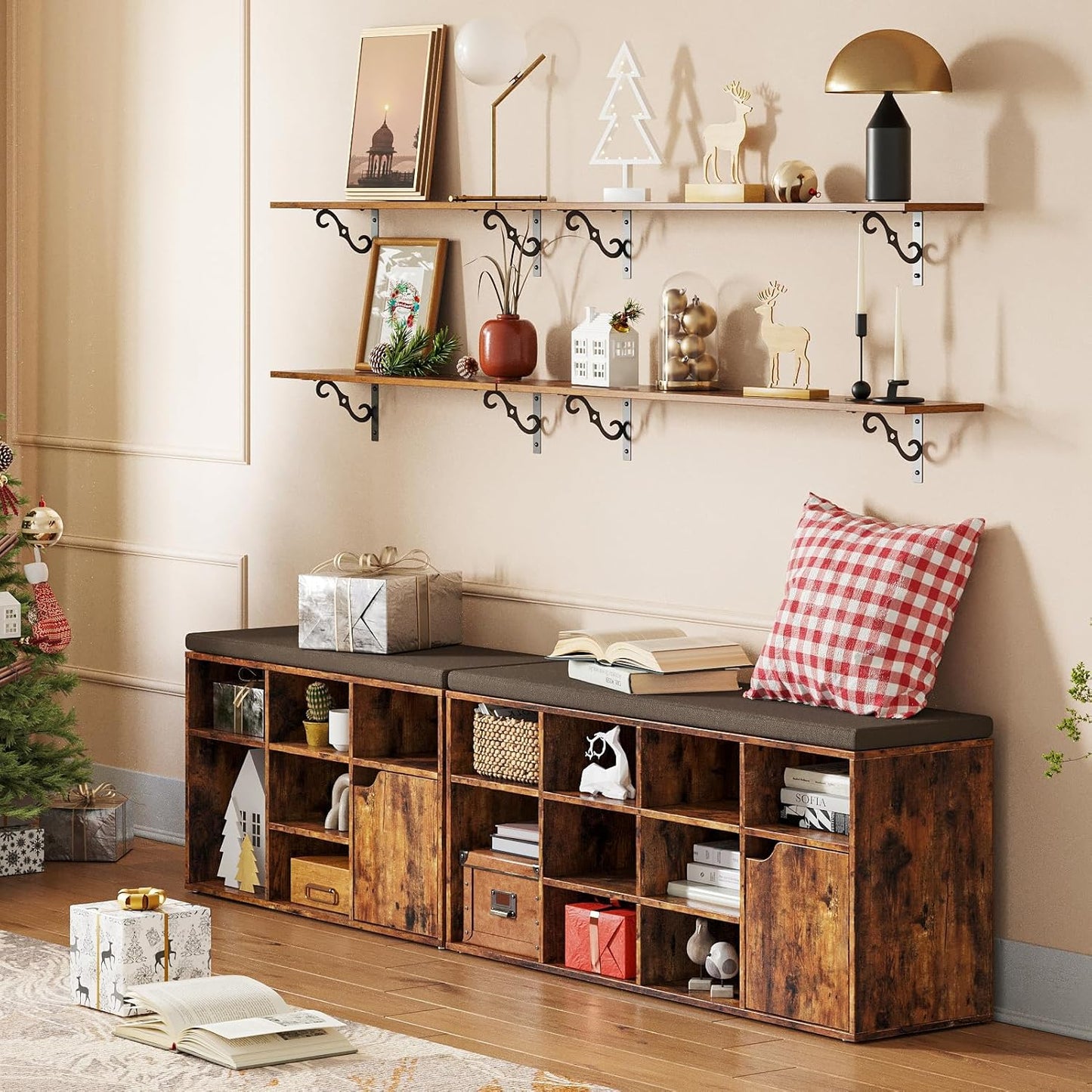 DINZI LVJ Long Wall Shelves, 39.4 Inch Large Floating Shelves Set of 4, Wide Display Shelf Wall Mounted with Brackets, Easy Hanging for Living Room, Toilet, Office, Bedroom, Rustic Brown