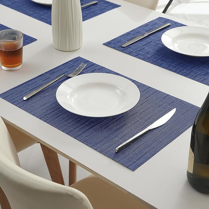 Leetaltree Blue Placemats Set of 8 - Heat Resistant Non-Slip Place mats for Dining Table, Washable Durable PVC Vinyl Woven Table Mats（Blue, 8）