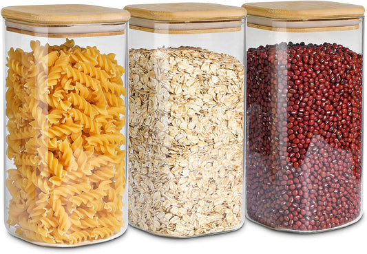 ComSaf Airtight Glass Storage Canister with Wood Lid (1.6 Qt), Clear Food Storage Container Jar with Sealing Lids for Oat Pasta Flour Cereal Rice Sugar Tea Coffee Beans, Set of 3 Square Cookie Jar