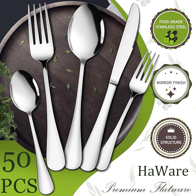 HaWare 50-Piece Silverware Set Service for 10, Stainless Steel Flatware Cutlery Set, Premium Tableware Eating Utensil Set for Home Kitchen, Include Fork Knife Spoon, Mirror Polished, Dishwasher Safe