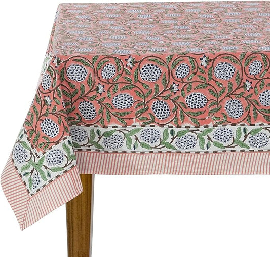 Ridhi Dark Salmon Pink 72 x 190 Inches Rectangular Cotton Washable Tablecloth, Hand Block Print Floral, for Kitchen, Dining, Spring, Easter, Wedding, Birthday, Bridal