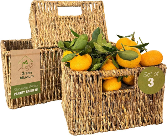 Wicker Basket Set – Stackable Storage Bins for Organizing Pantry & Kitchen – 1 Large Basket + 2 Small Baskets with Handle – Wicker Storage Baskets for Shelves & More
