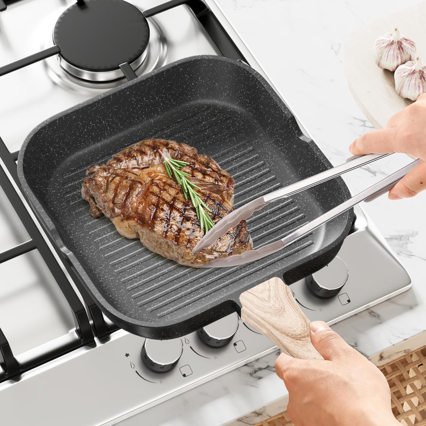 Caannasweis Pots and Pans Set, Nonstick Kitchen Cookware Sets, Granite Pots and Pans, Cooking Pans Pots Set (Classic Black, 20 Piece Grill Pan Set)