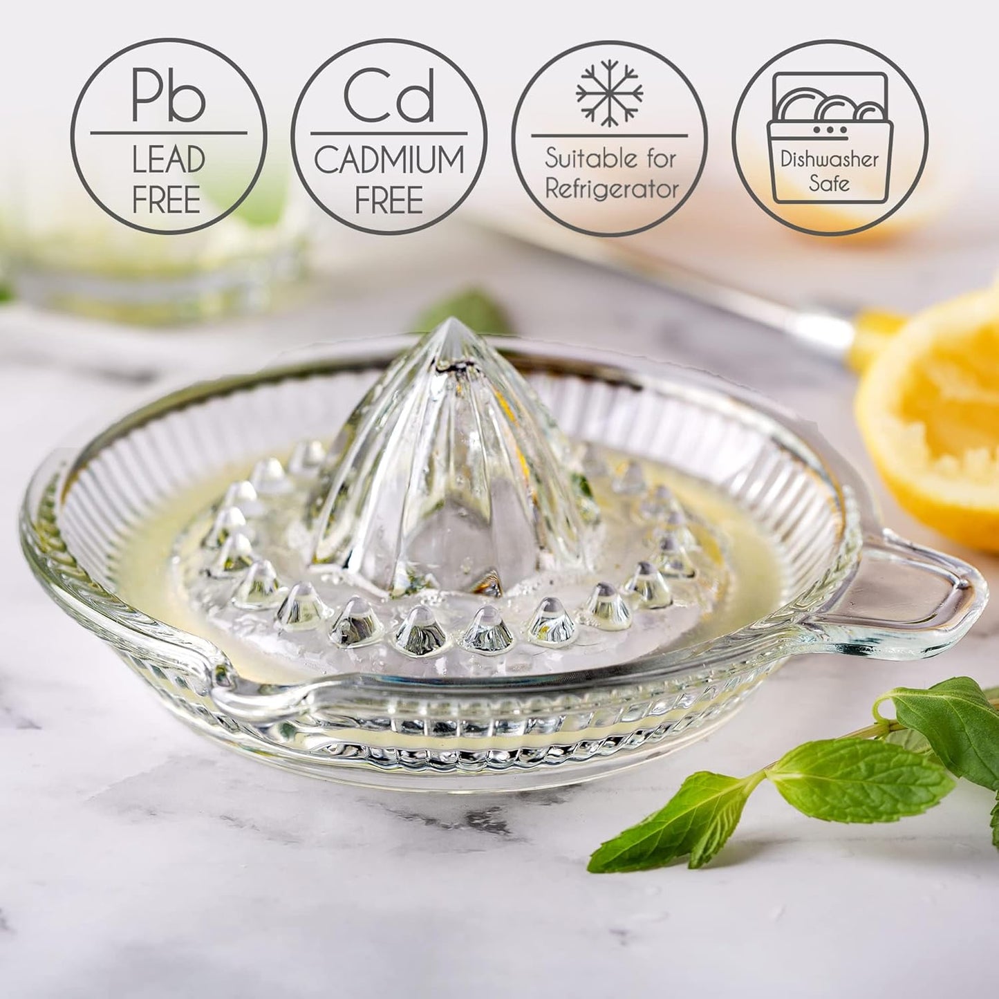 Crystalia Lemon Squeezer, Small Citrus Juicer, Extractor Manual Hand with Handle and Pour Spout, Lead-Free Heavyweight Crystal Clear Glass