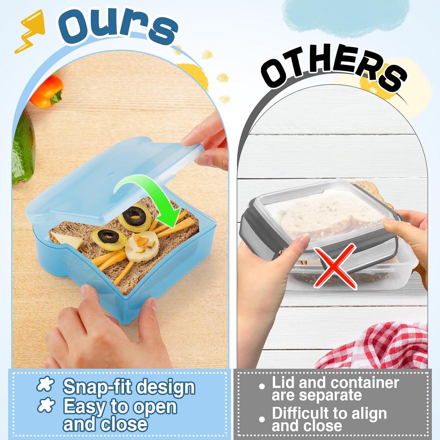 Alphatool 20 Oz Sandwich Containers for Kids - Toast Shape Lunch Box with Lids, Reusable BPA Free Plastic, Microwave & Freezer Safe, Small Food Storage Case for Kids Adults Snack Meal Prep (2 PCS)