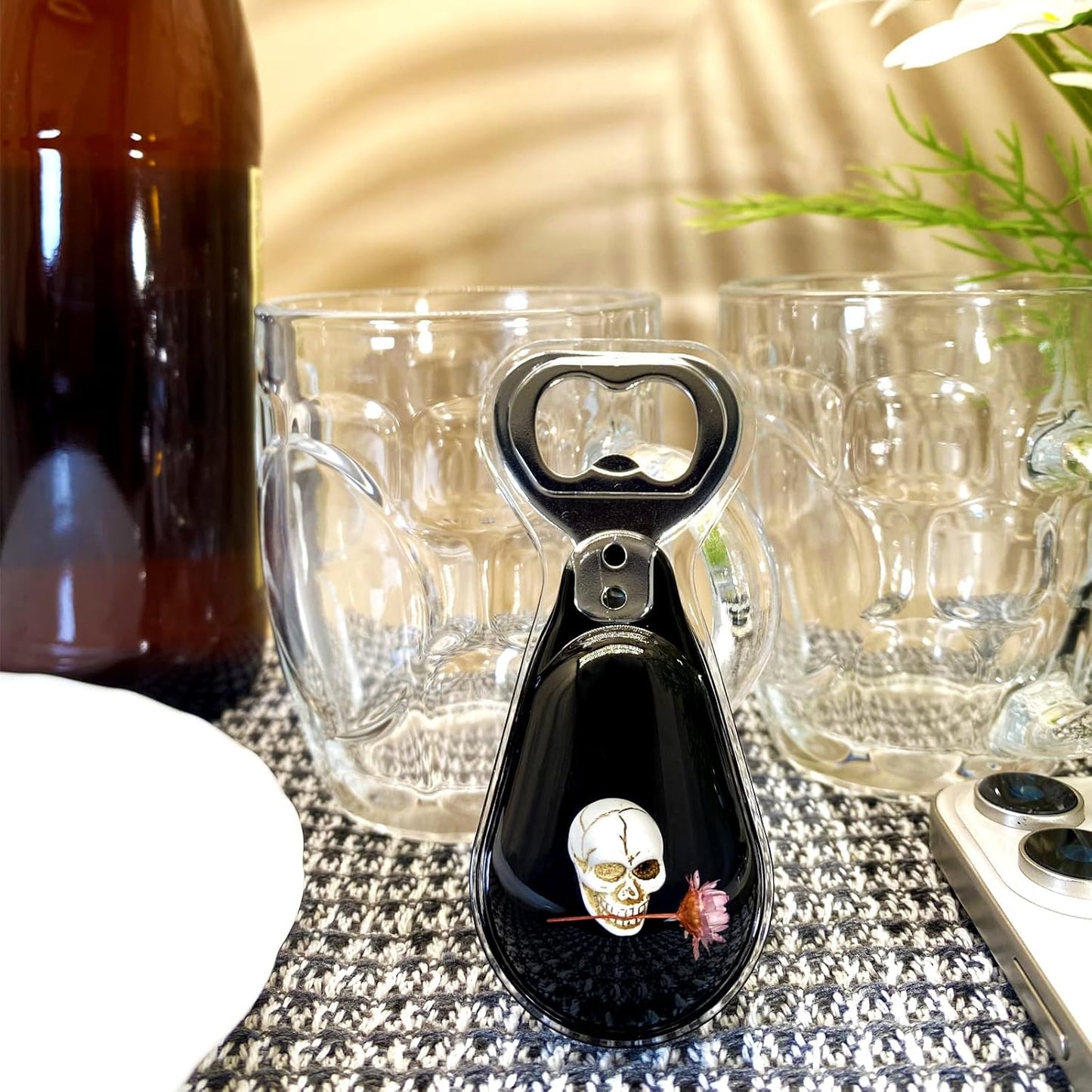 Halloween Ghost Skull Decor, Magnetic Bottle Opener, Original Design Skull Biting Flower in Black Resin – Strong Magnet for Fridge – Gothic Halloween Gifts - Black